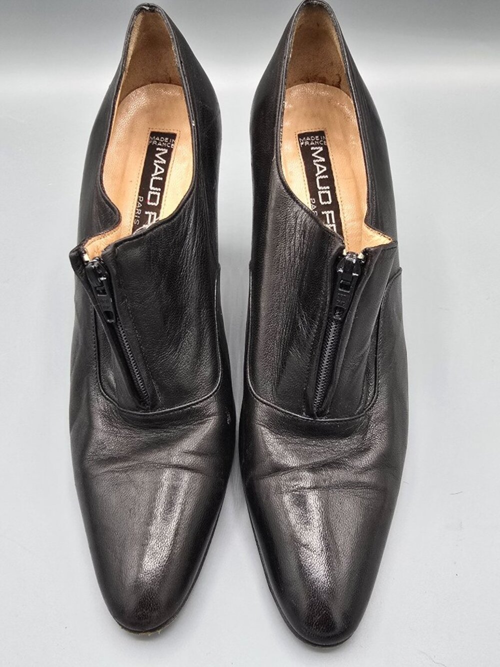 Vintage 1980s Maud Frizon Paris Black Leather Zip-Front Ankle Pumps (7.5B)